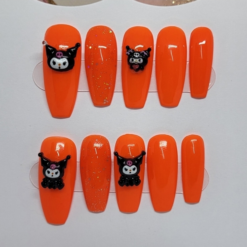 💋Press On Nails - Vibrant Orange with Character Accents.
